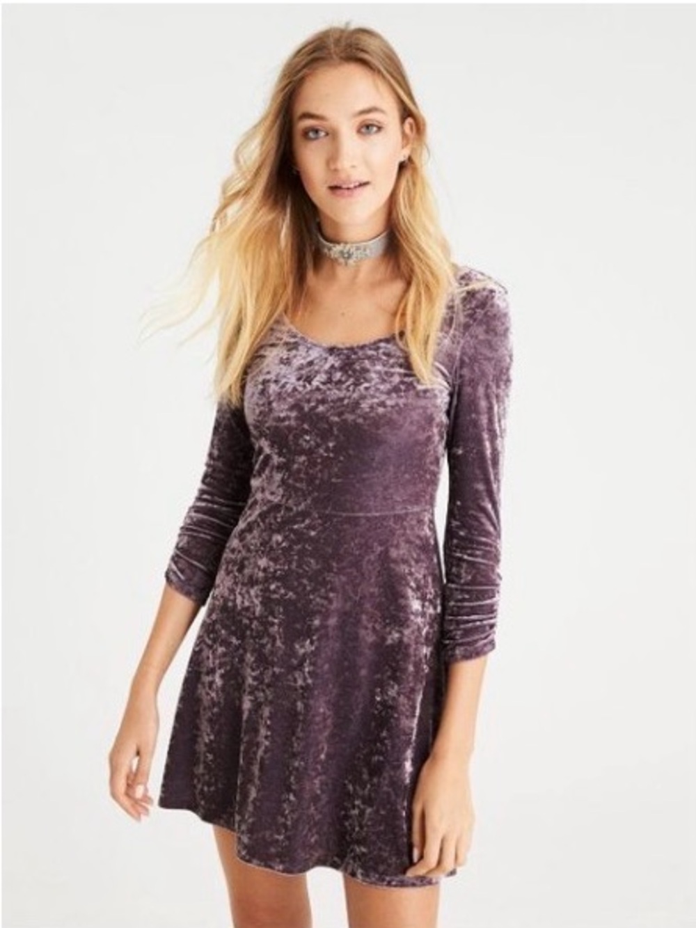 American Eagle Women's Velvet Scoop-Neck Skater Dress in Mauve- medium